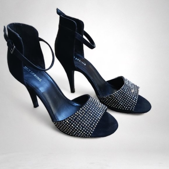 Call It Spring Rhinestone Crystal Black Faux Suede Ankle Strap Stiletto Heels - Picture 4 of 12